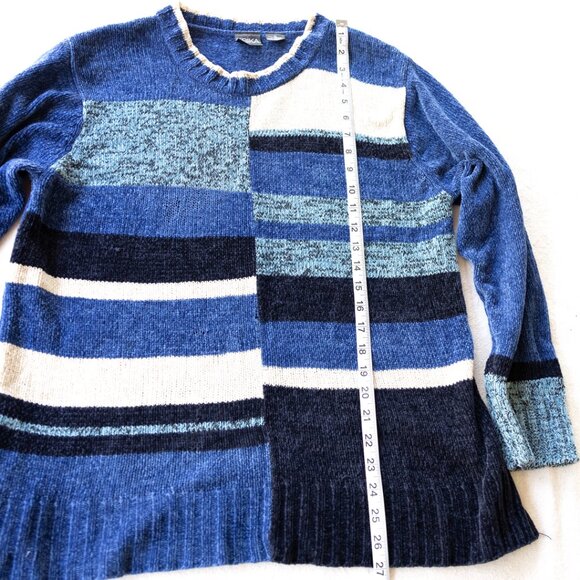 Vintage 90s Patchwork Knit Sweater Blue Striped | Retro - Picture 7 of 8